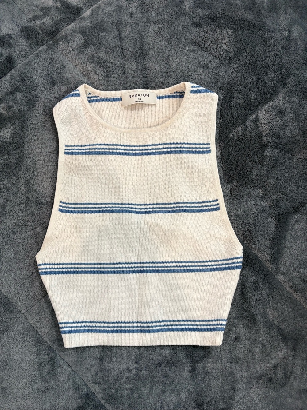 Babaton Cream & Blue Striped Knit Crop Tank